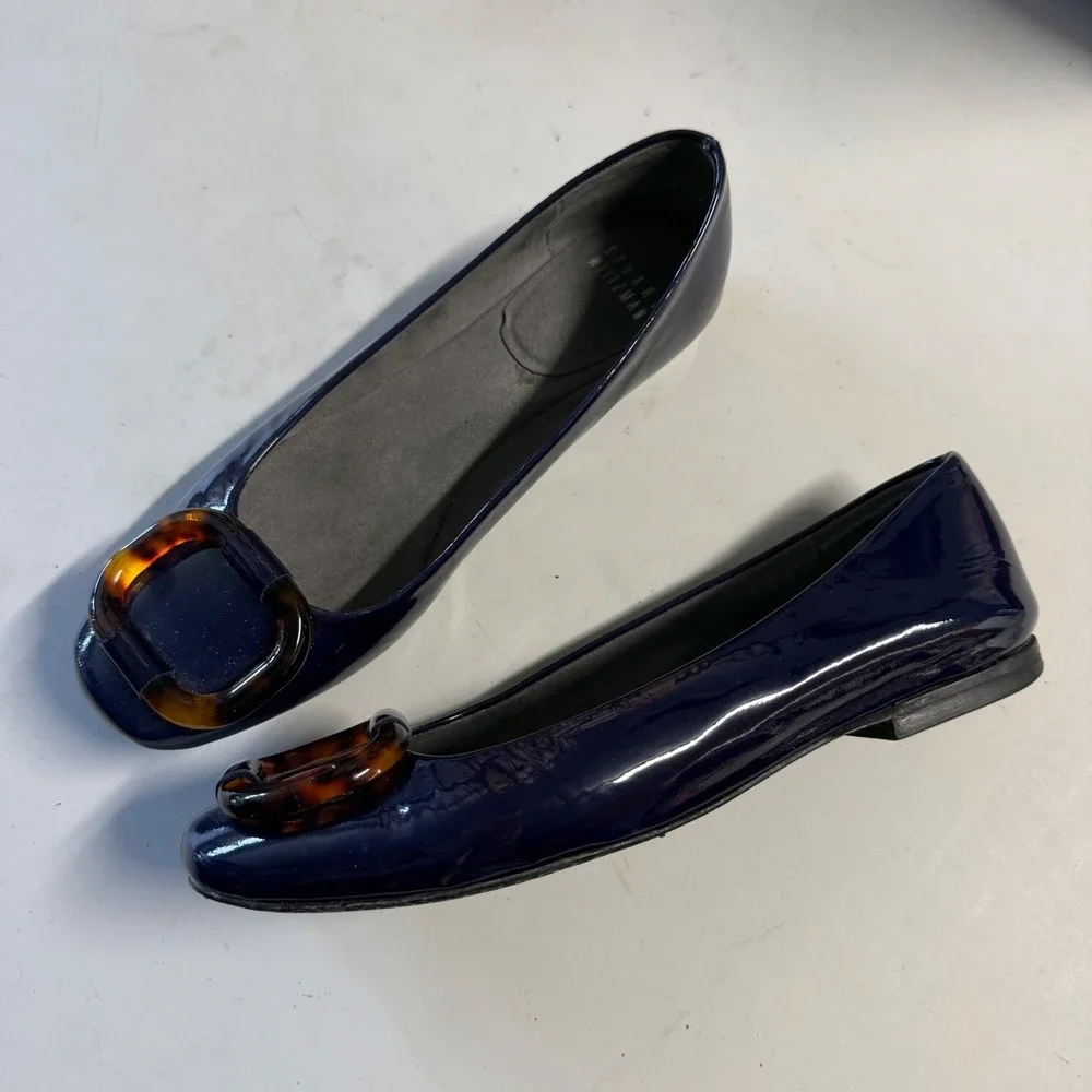 Stuart‎ Weitzman Navy Blue Patent Leather Tortoise Buckle Flats Shoes 6 M Spain